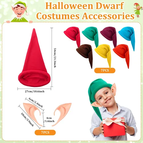 Vista 3 de Unittype Juego de 14 disfraces de enano de Halloween, 7 sombreros enanos de Navidad, gnomo, elfo, 7 orejas de elfo de hada, orejas puntiagudas falsas