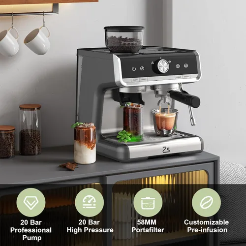 Vista 6 de Máquina de café expreso con molinillo y espumador de leche, cafetera de 20 barras con tanque de agua de 95 onzas, cafetera profesional 3 en 1