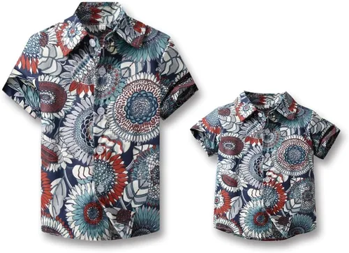 Vista 3 de Camisas hawaianas con botones para niños y hombres, casual, manga corta, camisa Aloha floral, 2 años - Hombres 2XL