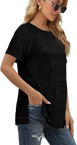 Vista 3 de XIEERDUO Camisetas de verano de manga corta para mujer, cuello en V, holgadas, con bolsillo