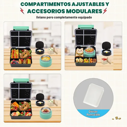 Vista 4 de Caja Bento Game para niños, lonchera con termo (tarro de comida de 9 onzas), cuchara plegable, divisor extraíble y taza de salsa, lonchera infantil