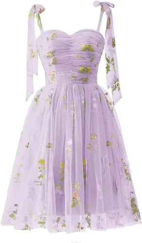 Vista 12 de Fivsole Vestido corto con bordado de flores para adolescentes, vestido de tul con tirantes delgados, mini formal, cóctel, fiesta de noche, vestidos