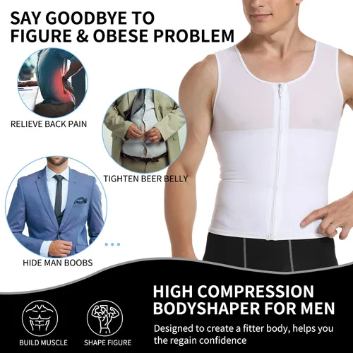 Vista 4 de MISS MOLY Compression Shirts for Men Slimming Body Shaper Vest Abs Hide Gynecomastia Moobs Shapewear Tank Top Undershirt