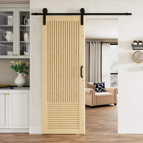 Vista 11 de BARNER HOME Puerta de granero de madera de pino de 30 x 84 pulgadas, puerta corredera decorativa de 1 lite, con kit de herramientas incluido Puerta