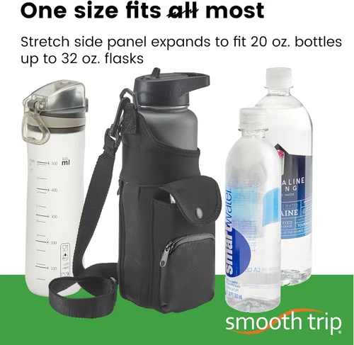 Vista 4 de Smooth Trip One Size Stretch Water Bottle Holder with Strap - Insulating Neoprene Bottle Holder for Walking with Storage and Phone Pocket, Fits up