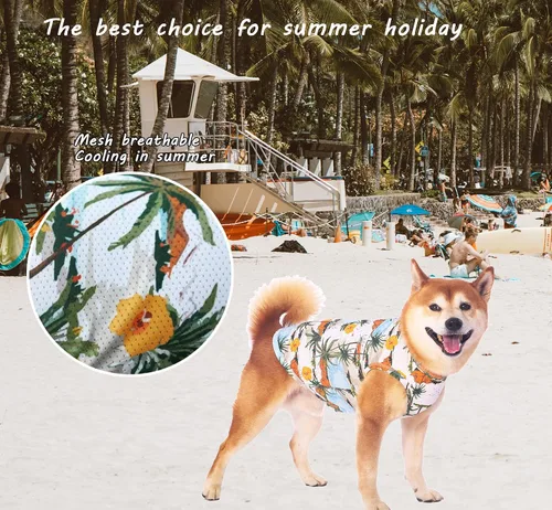 Vista 2 de Camisas hawaianas para perros, de secado rápido, de malla refrescante, de verano, con estampado de coco para perros pequeños, azul y amarillo, XS