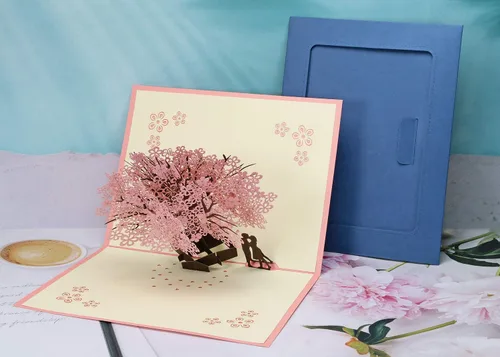 Vista 5 de PENTA ANGEL Tarjeta de flor de cerezo hecha a mano con diseño de flor 3D, romántica carta de felicitación de aniversario, boda, San Valentín