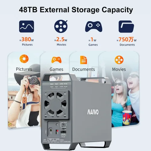 Vista 6 de MAIWO Caja RAID de doble bahía para disco duro SATA de 3.5" con ventilador de refrigeración, carcasa SATA USB 3.1 tipo C con 4 modos de incursión