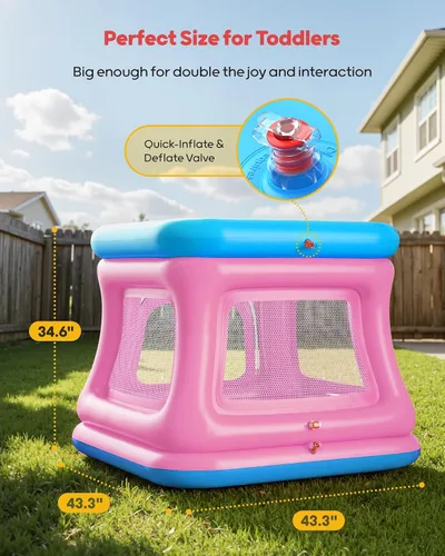 Vista 6 de QPAU - Casa inflable 3 en 1 con bomba para niños pequeños de 1 a 3 años Azul y rosa