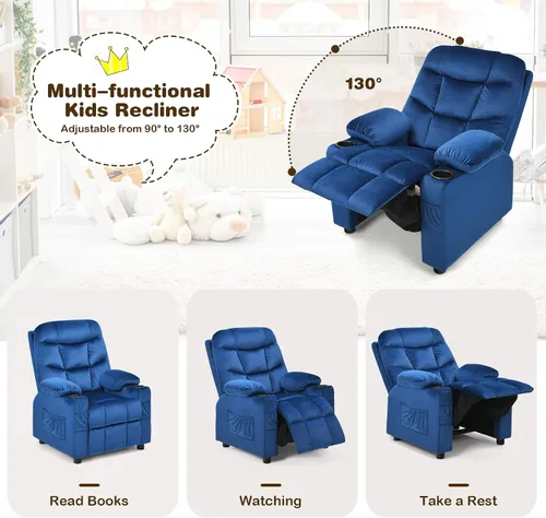 Vista 4 de Costzon Silla reclinable para niños con soporte para tazas, silla de salón de terciopelo ajustable con reposapiés y bolsillos laterales