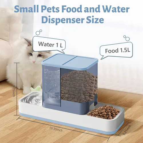 Vista 2 de Yummy Sam Alimentador automático para mascotas pequeñas y dispensador de agua, 2 en 1 por gravedad para gatos, juego de comedero automático para Azul