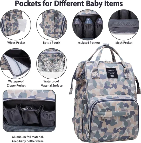 Vista 5 de Mochila de pañales con estampado de vaca con cochecito para mujer, bolsa de pañales de viaje impermeable para el cuidado del bebé, Camo, Moderno