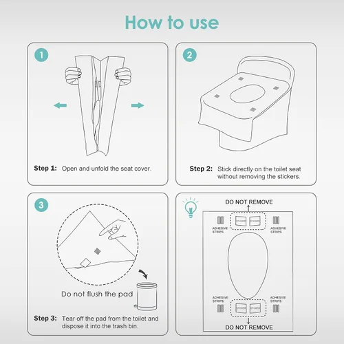 Vista 8 de TRIPTIPS Fundas de asiento de inodoro, paquete de viaje desechables, 60 unidades, uso más rápido, sin adhesivos, impermeable, funda de asiento
