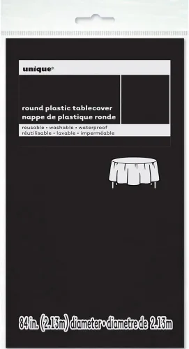 Vista 2 de Mantel redondo de plástico sólido negro (84 pulgadas), 1 unidad, diseño elegante y calidad premium, ideal para fiestas, eventos y uso diario