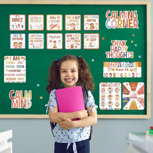 Vista 5 de Pajean Juego de tablero de anuncios para rincón de calma en el aula, conjunto de decoración para el aula, tabla de sentimientos, gestión