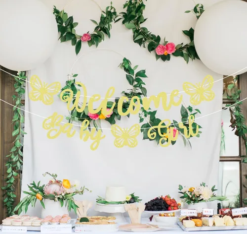Vista 2 de Cartel de bienvenida preencordado para bebé niña, decoración de fiesta de bienvenida con purpurina dorada, perfecta para fiesta de revelación