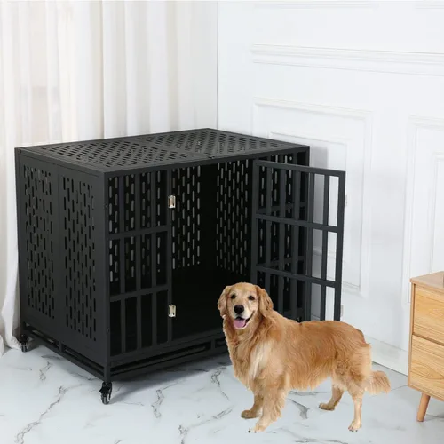Vista 7 de Jaula indestructible para perros de 44 pulgadas, resistente y de acero fuerte para perros medianos y grandes con ansiedad alta, corralito