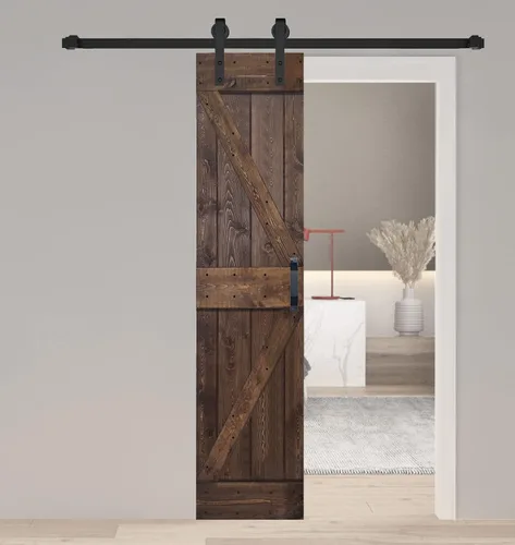Vista 25 de Serie K. Puerta corredera de granero de madera maciza acabada con kit de herrajes (marrón/nogal, 24 x 84 pulgadas)