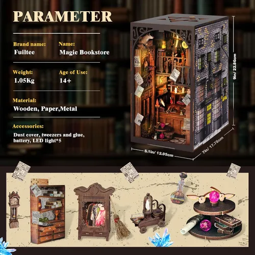 Vista 6 de Kit de Rincón de Libros para Hacer Uno Mismo, Rompecabezas de Madera 3D en Miniatura Sujetalibros Decoración de Estantería con Luz LED, Cubierta