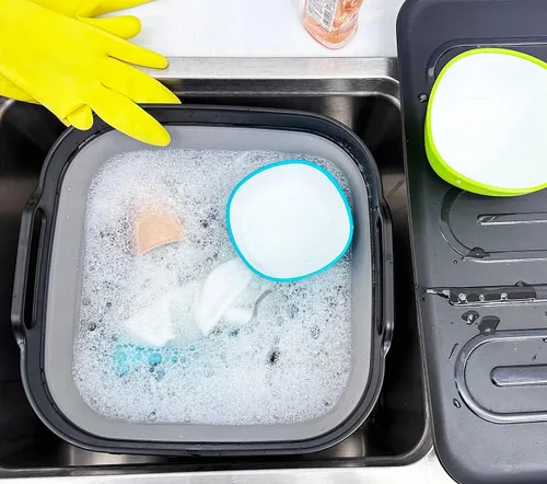 Vista 7 de SAMMART Sartén plegable de 10 L (2.64 galones) con tapón de drenaje, lavabo plegable, tina portátil para lavar platos, bandeja de almacenamiento
