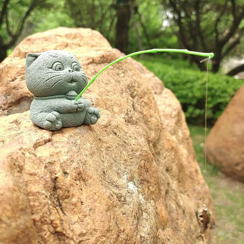 Vista 3 de livelyfish Estatua de gato de pesca, figuras de pescador, escultura de piedra arenisca para jardín de hadas, acuario, pecera, bonsái, decoración