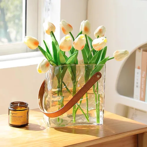 Vista 4 de Cuero hecho a mano - Bolso de mano - Estilo florero de cristal - Elegancia simple para tu espacio (ámbar)