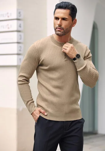 Vista 44 de COOFANDY Suéter de punto Henley para hombre, manga larga, con botones, ligero, para otoño, ajustado, acanalado
