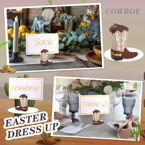 Vista 5 de Kigley 18 piezas de mini botas de vaquero adornos de madera, tarjetero y 25 piezas de papel de aluminio dorado blanco soporte para números