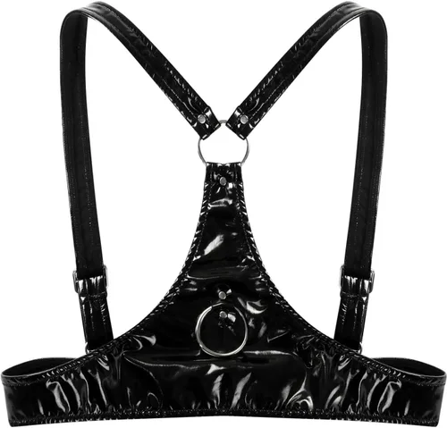 Vista 5 de Sujetador de arnés para mujer, sin cupless jaula, de piel, aspecto húmedo, para ropa