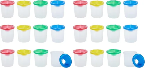 Vista 10 de Juvale Paquete de 12 vasos de pintura antiderrames con tapas para niños, suministros de arte y manualidades para aulas (4 colores, 3 x 3 pulgadas)