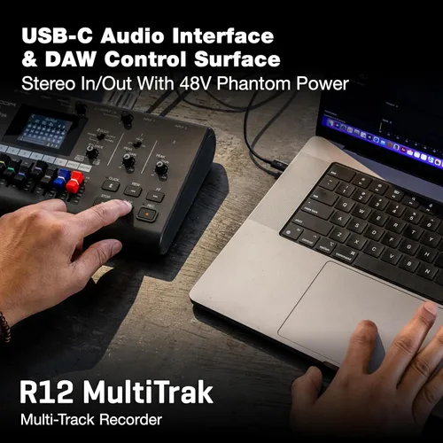 Vista 4 de Zoom R12 MultiTrak Grabadora Digital Portátil y Superficie de Control 2 entradas Xlr y Trs, graba 2/reproduce 8 pistas, interfaz de audio USB-C