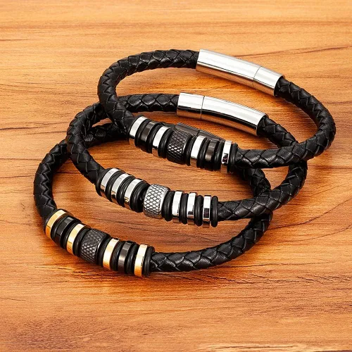 Vista 3 de NAIQUBE Mens Leather Bracelet Stainless Steel Wristband Cuff Braided Leather Bracelet For Men Birthday Jewerly Gift 8.26 inch