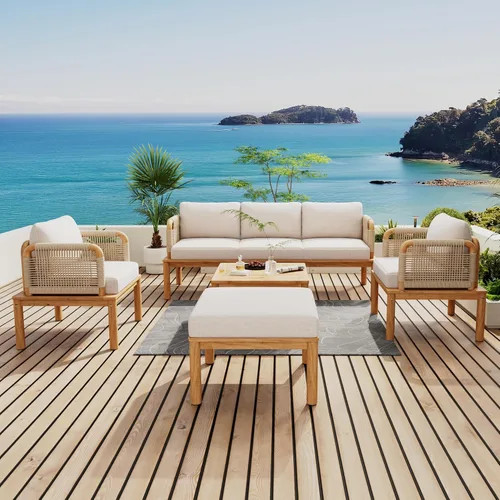 Vista 16 de Juego de 4 muebles de patio al aire libre, sofá seccional de madera de acacia con asiento cojines beige, asiento de conversación seccional
