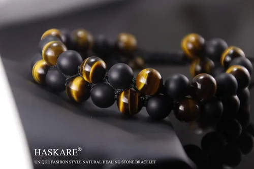 Vista 3 de HASKARE Pulsera de piedra de ojo de tigre para hombre y mujer, piedra de energía natural, aceite esencial, roca de lava, ónice negro, cuentas de ojo
