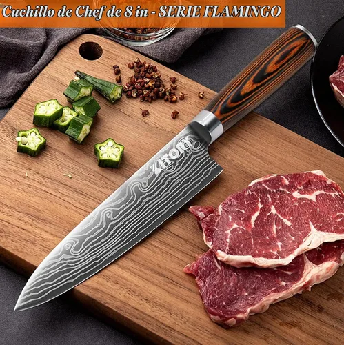 Vista 5 de Cuchillo de chef profesional de 8 pulgadas con funda, acero inoxidable alemán de alto carbono ultra afilado, cuchillos de chef con mango ergonómico
