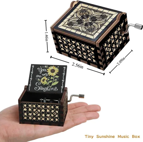 Vista 4 de Huntmic You are My Sunshine - Cajas de música de girasoles, manivela de madera grabada, caja musical antigua de regalo para niños, amigos, amantes
