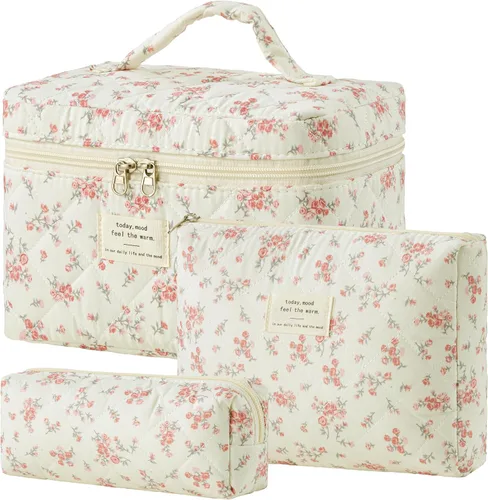Vista 12 de HBselect Bolsa de Maquillaje Acolchada, 3 Piezas de Gran Bolsa de Maquillaje de Viaje de Algodón, Linda Bolsa de Maquillaje Floral Coquette, Bolsa