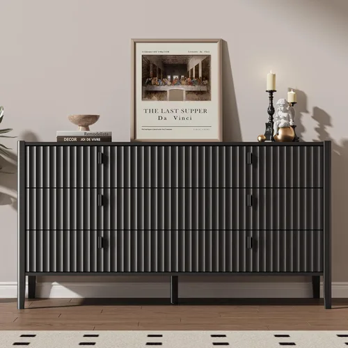 Vista 6 de Cómoda negra de 6 cajones para dormitorio, cómoda de madera moderna, cómoda doble de diseño acanalado con patas de madera, mueble de almacenamiento