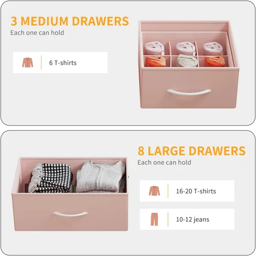 Vista 40 de Cómoda de almacenamiento de tela con 11 cajones para organización del dormitorio, cómoda con estantes profundos, bolsillos laterales y ganchos, Negro