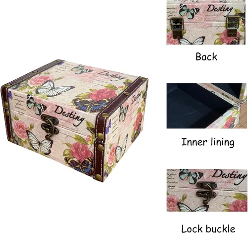Vista 4 de Joyero de mariposa rosa caja decorativa de almacenamiento para joyas, baratijas, fotos, caja de madera del tesoro para mujeres y niñas, regalos caja
