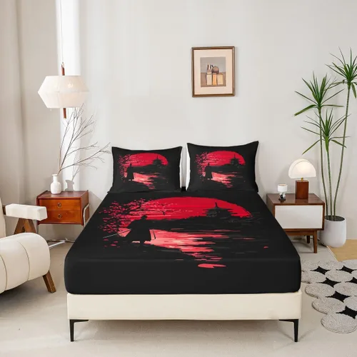 Vista 2 de Erosebridal Samurai - Juego de ropa de cama, sábana bajera ajustable, funda de cama samurái japonés, juego de sábanas de silueta de paisaje