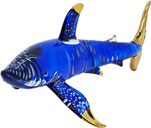 Vista 6 de Pequeña figura de tiburón blanco punteado azul dorado de 6.5 pulgadas, tiburones de vidrio soplado a mano, vida marina, peces marinos, animales