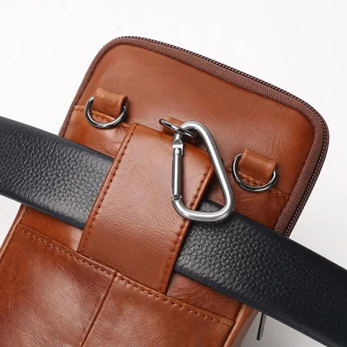 Vista 7 de Cinturón de cuero genuino para la cintura, bolsa cruzada simple para teléfono inteligente, bolsa de mensajero vintage pequeña para hombre