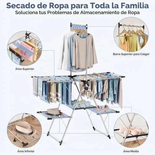 Vista 3 de APEXCHASER Estante de secado de ropa plegable de gran capacidad, estante de secado de lavandería de acero inoxidable resistente con colgador