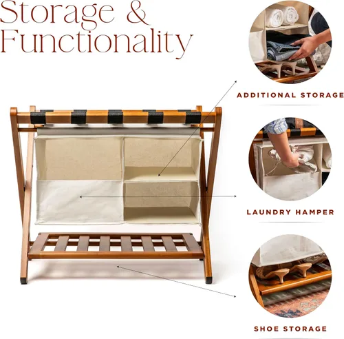 Vista 5 de Estante plegable de bambú de nogal totalmente ensamblado para habitación de invitados, soporte plegable de maleta de 26.75 pulgadas con bolsa