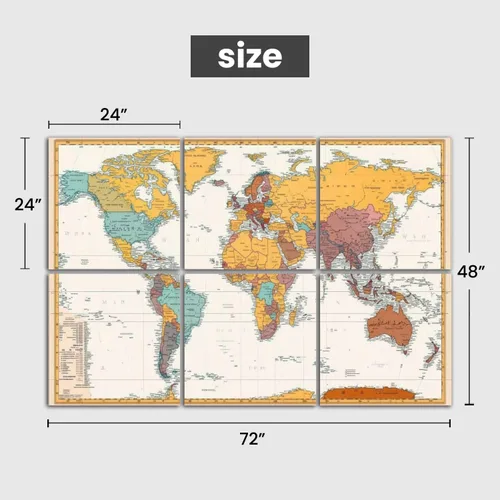 Vista 2 de Paneles acústicos artísticos antiguos de color retro con mapa político del mundo están separadas claramente, paquete de 6 paneles de pared