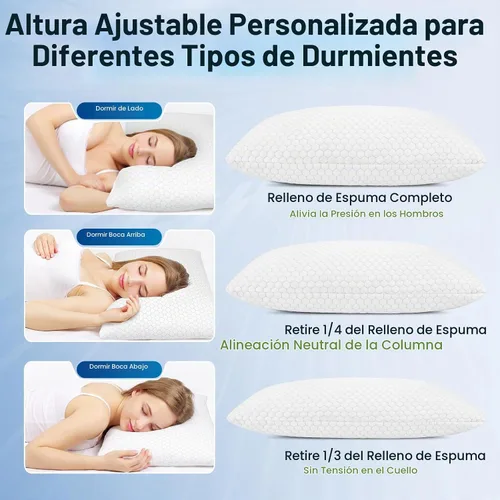 Vista 3 de CushyOasis - Juego de 2 almohadas de espuma viscoelástica triturada para dormir, almohadas de cama con sistema de enfriamiento, almohadas ajustables