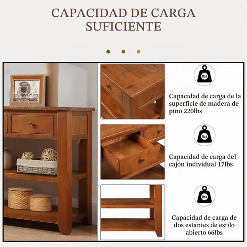 Vista 5 de Mesa consola de entrada de madera de granja de 48 pulgadas, moderna mesa de entrada con cajones y estantes de almacenamiento para entrada y sala