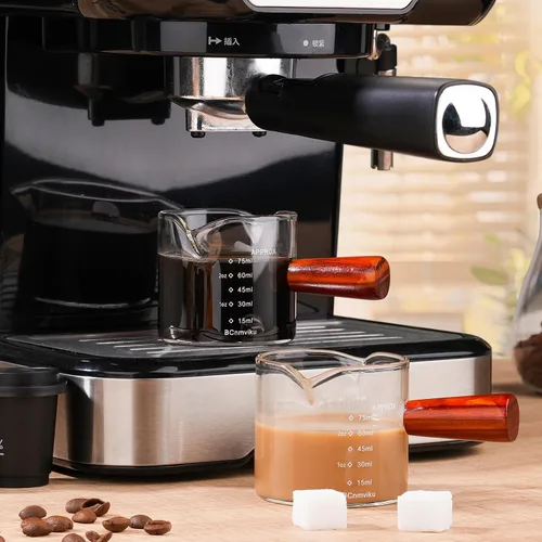 Vista 4 de 1 paquete de jarra medidora de triple pico doble con taza de leche con mango de madera 75ML vasos de chupito de espresso partes de vidrio
