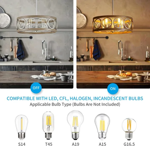Vista 4 de XINGQI Candelabro de tambor de 21.7 pulgadas, lámpara de comedor de granja, iluminación de cocina de níquel cepillado de grano de madera, 5 luces